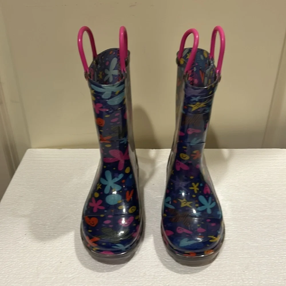 Western Chief Floral hearts stars smiley face Rain Boots light up heels size 10